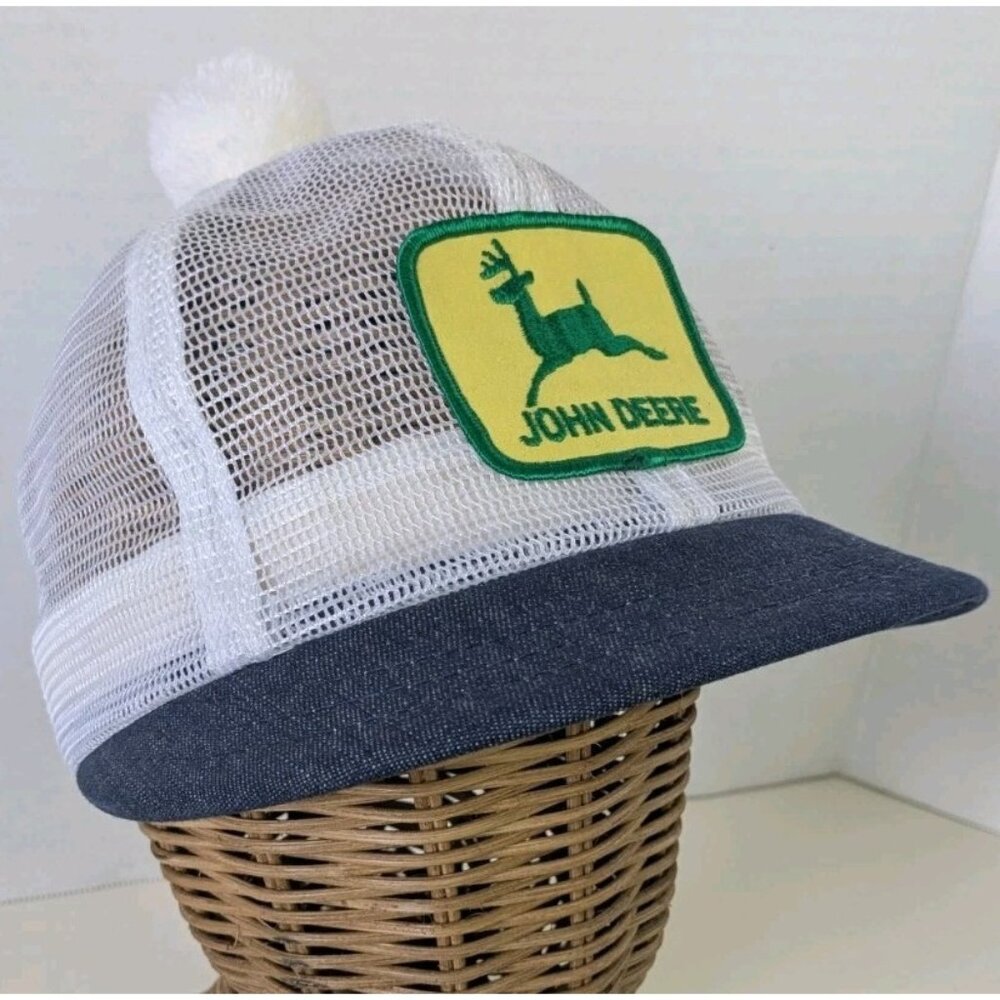 Vintage John Deere Pom Pom Denim Snapback Trucker Hat Cap Mesh Tractor Country